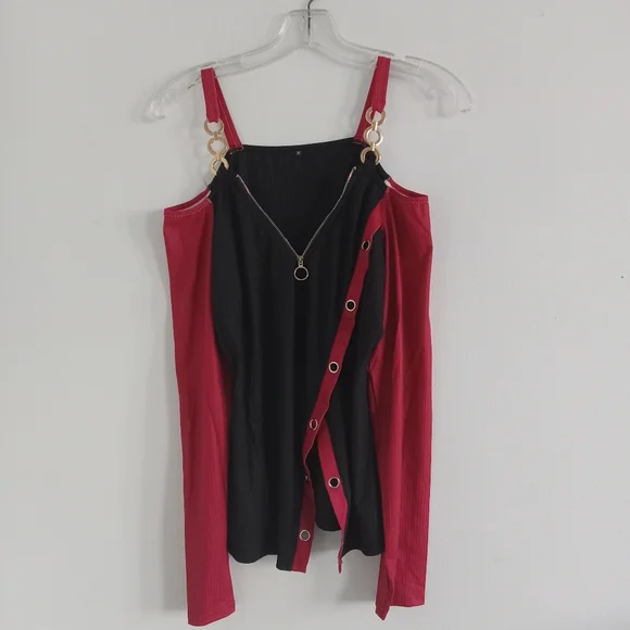 NWT Asymmetrical Chain Straps Burgundy Red Black Stretchy Cold Shoulders Top - Picture 2 of 5